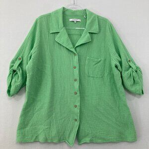 Foxcroft‎ size 18W Green Gauzy Cotton Rolled Sleeve Relaxed Button Down Office